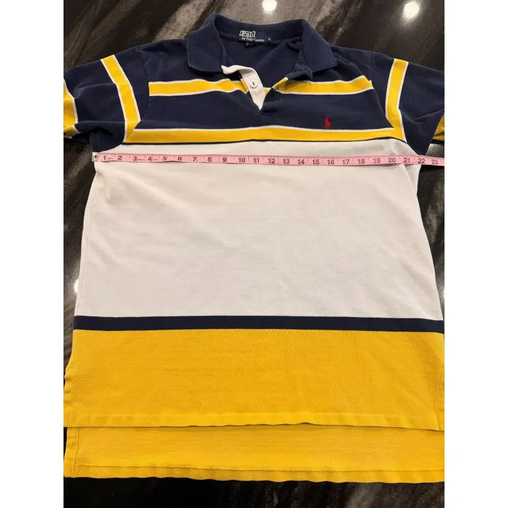 Vintage Polo Ralph Lauren Rugby Shirt L Navy Yellow White Stripe Red Pony